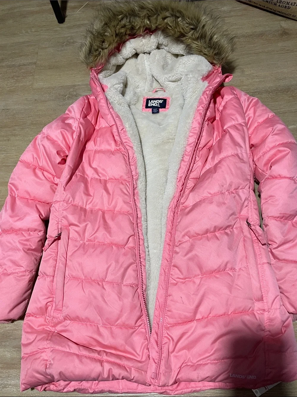 Lands' End Pink Puffer Jacket with Faux Fur Trim Hood